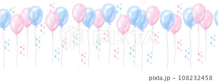 Banner blue pink balloons, boy girl birthday surprise. Gender reveal party, baby shower. Hand drawn watercolor illustration isolated on white background. For newborn products Banner blue pink balloons, boy girl birthday surprise. Gender reveal party, baby shower. Hand drawn watercolor illustration isolated on white background. For newborn products 108232458