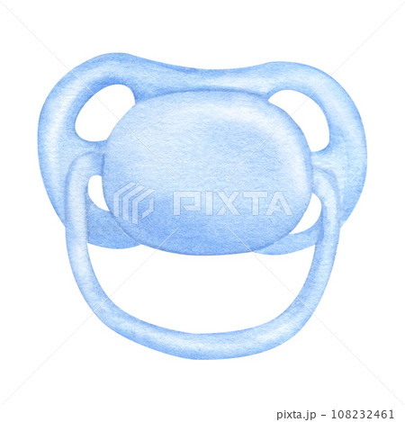Blue pacifier, dummy for boy. Baby shower, gender reveal party. Hand drawn watercolor illustration isolated on white background. Collection to newborn infant Blue pacifier, dummy for boy. Baby shower, gender reveal party. Hand drawn watercolor illustration isolated on white background. Collection to newborn infant 108232461