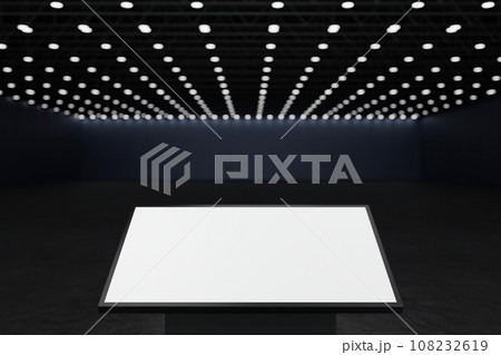 Blank digital screen banner billboard stand in exhibition hall, signage monitor media, 3D rendering. 108232619