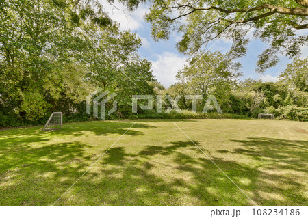 a backyard with trees, grass and a soccer goal in the yard is surrounded by lush green foliage on a sunny day a backyard with trees, grass and a soccer goal in the yard is surrounded by lush green foliage on a sunny day 108234186