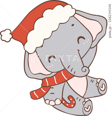 Christmas Elephant with Santa Hat Cartoon Animal Hand Drawing  108234340