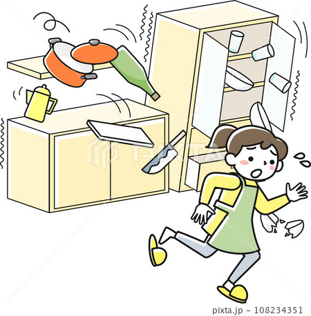 地震が起きて物が落下し危険な状態の台所から逃げる女性 地震が起きて物が落下し危険な状態の台所から逃げる女性 108234351