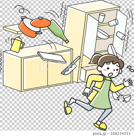 地震が起きて物が落下し危険な状態の台所から逃げる女性 地震が起きて物が落下し危険な状態の台所から逃げる女性 108234351