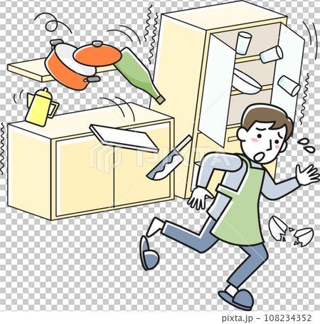 A man runs away from his kitchen in a dangerous situation due to falling objects during an earthquake. A man runs away from his kitchen in a dangerous situation due to falling objects during an earthquake. 108234352