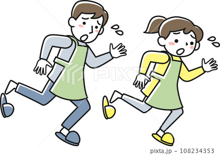 慌てて走るエプロンを着けた男女 108234353