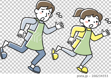 穿著圍裙的男女匆匆奔跑 108234353