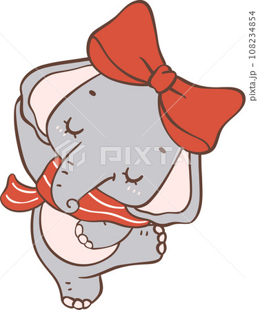 Cute Baby Elephant Christmas with Red Bow Animal Cartoon Doodle illustration. 108234854