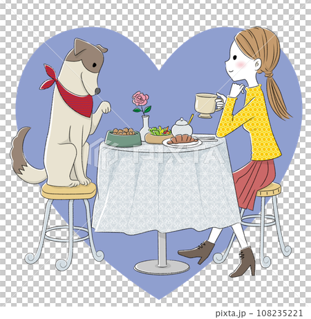 Girl eating at a cafe with her dog 108235221