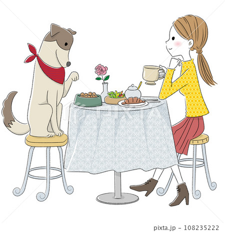愛犬とカフェで食事をする女の子 108235222