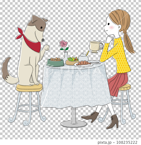 愛犬とカフェで食事をする女の子 108235222