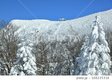山形蔵王スキー場　ユートピアゲレンデより地蔵山頂駅を望む 108235316