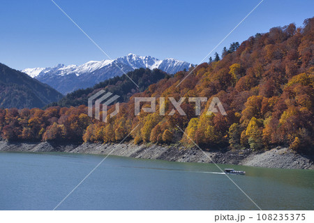黒部ダム（黒四）　冠雪した赤牛岳との美しい三段紅葉　富山県立山町 108235375
