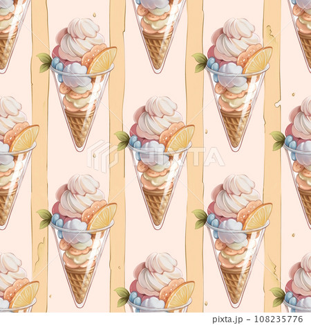 Ice cream seamless pattern. Striped grunge background. Print for cloth design, textile, fabric, wallpaper, wrapping paper. Ice cream seamless pattern. Striped grunge background. Print for cloth design, textile, fabric, wallpaper, wrapping paper. 108235776
