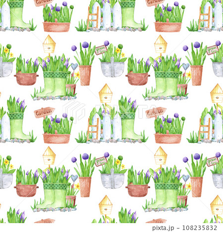 Hand drawn watercolor spring garden flowers in pots and boots seamless pattern isolated on white background. Vintage illustration in rural style for textile, fabric and other printed products. 108235832