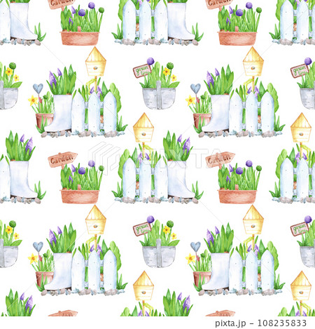 Hand drawn watercolor spring garden flowers in pots and boots seamless pattern isolated on white background. Vintage illustration in rural style for textile, fabric and other printed products. 108235833