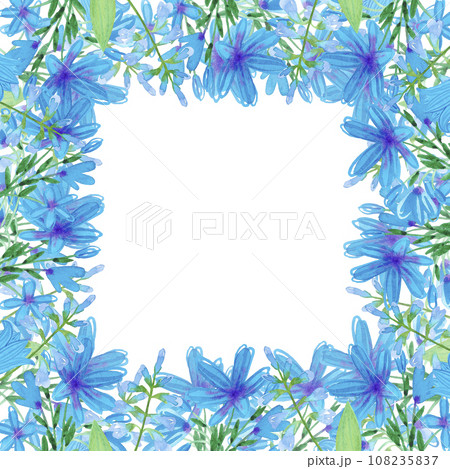 Hand drawn watercolor abstract blue daisy and hyacinth flowers frame border isolated on white background. Can be used for cards, album, poster and other printed products. 108235837