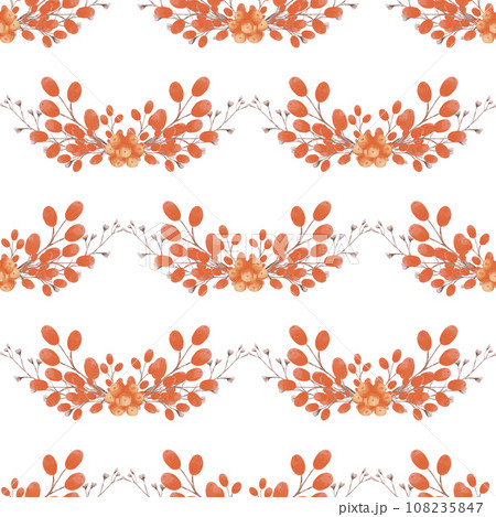 Hand drawn watercolor autumn twig, berries and leaves seamless pattern isolated on white background. Illustration in rural style can be used for textile, fabric and other printed products. 108235847