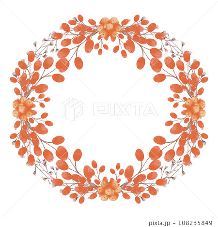 Hand drawn watercolor autumn twig, berries and leaves wreath isolated on white background. Illustration in rural style can be used for invitation, postcard, label and other printed products. 108235849