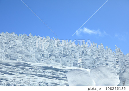 山形蔵王スキー場　ゴンドラ駅地蔵山頂から望む樹氷原の絶景 108236186