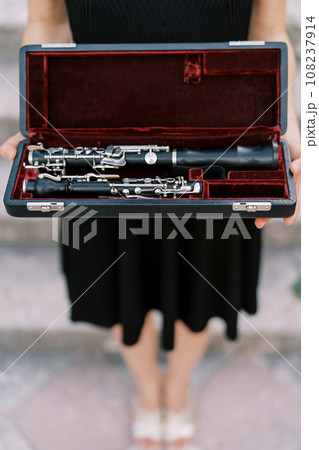 Girl-musician holds a clarinet in a case in her hands. Cropped. Faceless 108237914