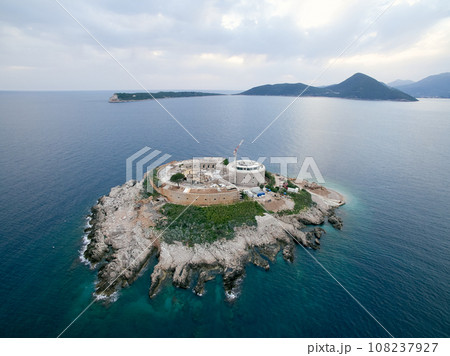 Fortress Mamula on the island of Lastavica in the sea. Montenegro. Drone 108237927