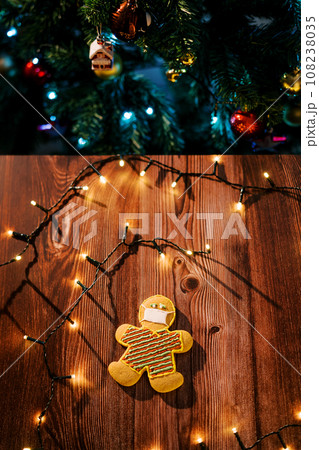 Cookie in a mask lies on a table with luminous garlands near a decorated Christmas tree. Top view 108238035