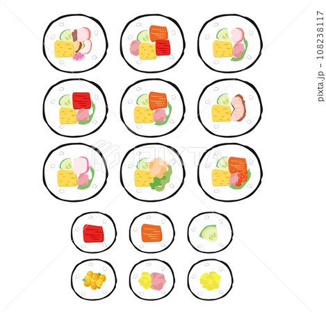 いろんな具材の巻き寿司と細巻きの断面イラストセット いろんな具材の巻き寿司と細巻きの断面イラストセット 108238117