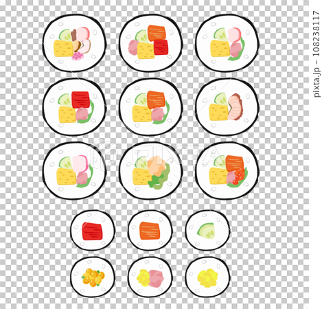 いろんな具材の巻き寿司と細巻きの断面イラストセット いろんな具材の巻き寿司と細巻きの断面イラストセット 108238117