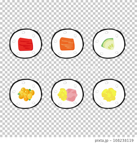 いろんな具材の細巻き寿司の断面イラストセット 108238119