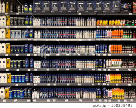Shower gels and shaving foam are on the supermarket shelves 108238493