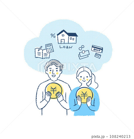 笑顔で¥のコインを持っている若いカップル 108240213