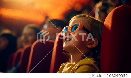 映画館でメガネをかけて映画を見る子供 映画館でメガネをかけて映画を見る子供 108240353
