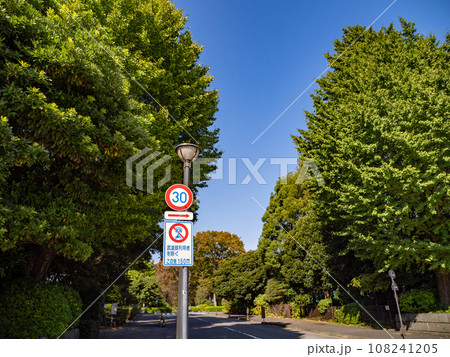 北の丸公園に設置された規制標識「最高速度」と、この先での「車両通行止め」を予告する標識 北の丸公園に設置された規制標識「最高速度」と、この先での「車両通行止め」を予告する標識 108241205