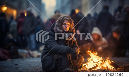 A girl is sitting on the ground among the city streets, surrounded by other people. Christmas, poverty and hunger concept. 108241694
