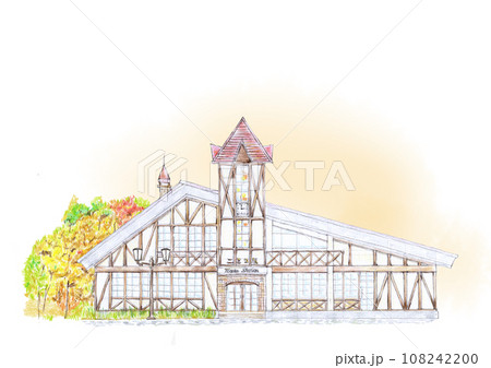 色鉛筆画 秋の建物風景 色鉛筆画 秋の建物風景