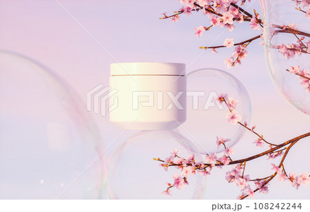Cosmetic cream jar on a background of sakura blossoms and soap bubbles in evening sky. 3d rendering 108242244