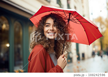 Girl Holding Umbrella, Pretty Woman Outside, Cheerful Sincere Smile, Autumn Walk, Blurred Background 108242596
