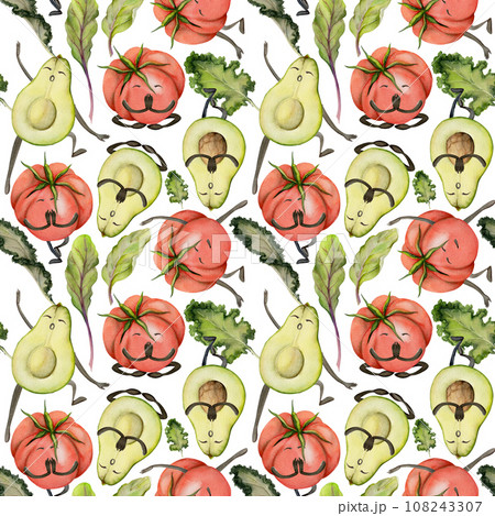 Hand drawn watercolor sports training and exercise, vegetables doing yoga, health fitness lifestyle. Illustration isolated seamless pattern white background. Design poster, print, website, card, shop 108243307