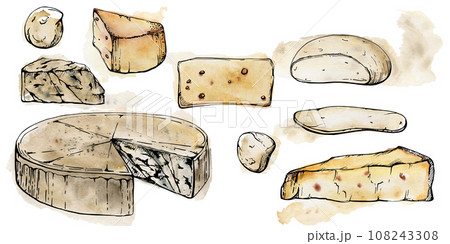 Hand drawn watercolor ink illustration. Assortment of cheese mozzarella parmesan edam emmental gruyere gorgonzola. Set of objects isolated on white. Restaurant menu, cafe, food shop package, print. Hand drawn watercolor ink illustration. Assortment of cheese mozzarella parmesan edam emmental gruyere gorgonzola. Set of objects isolated on white. Restaurant menu, cafe, food shop package, print. 108243308