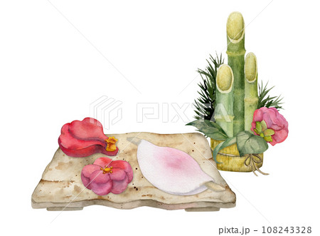 Watercolor hand drawn traditional Japanese sweets. Ceramic dish, wagashi of winter camellia design Isolated on white background. Design for invitations, restaurant menu, greeting cards, print, textile Watercolor hand drawn traditional Japanese sweets. Ceramic dish, wagashi of winter camellia design Isolated on white background. Design for invitations, restaurant menu, greeting cards, print, textile 108243328