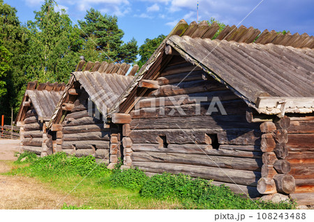 Wooden store houses in Skansen Stockholm Sweden 108243488