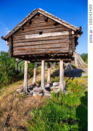 Elevated wooden store house in Skansen Stockholm Sweden Elevated wooden store house in Skansen Stockholm Sweden 108243489