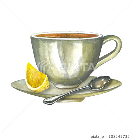 Watercolor composition of illustrations of a cup of tea on a saucer, with a metal spoon, steam and lemon. Isolated on transparent background, hand drawn. 108243733