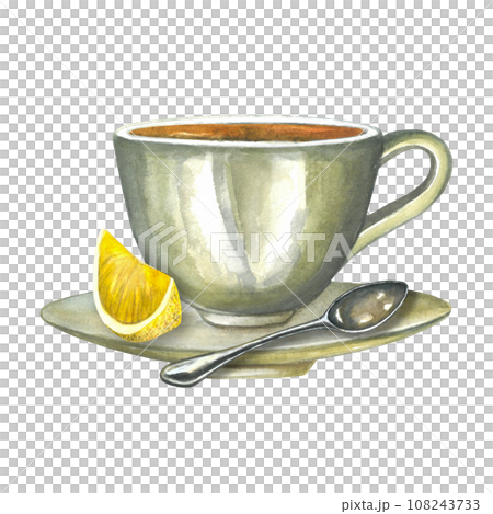 Watercolor composition of illustrations of a cup of tea on a saucer, with a metal spoon, steam and lemon. Isolated on transparent background, hand drawn. 108243733