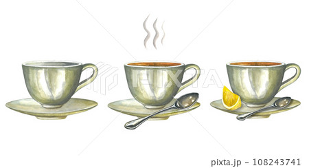 Set of watercolor illustrations of a cup, saucer made of porcelain. Empty, with tea and steam, with lemon and a spoon.Isolated on a transparent background, hand-drawn. 108243741
