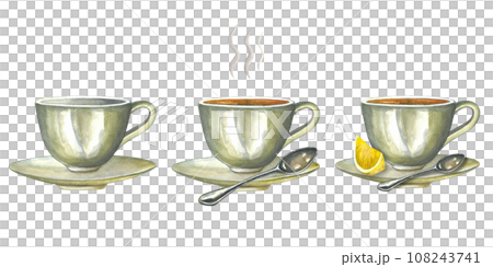Set of watercolor illustrations of a cup, saucer made of porcelain. Empty, with tea and steam, with lemon and a spoon.Isolated on a transparent background, hand-drawn. 108243741