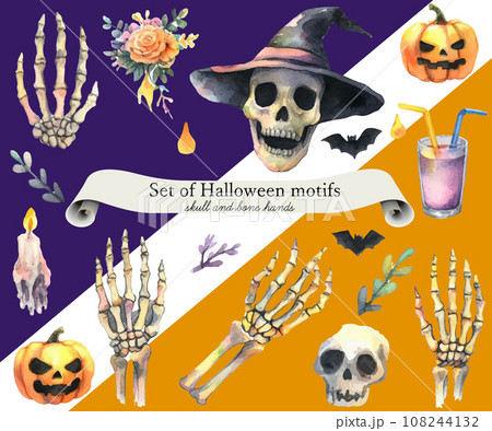 ハロウィンモチーフのセット、スカルや骨の手の水彩イラスト 108244132