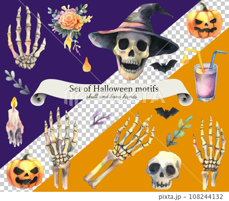 ハロウィンモチーフのセット、スカルや骨の手の水彩イラスト 108244132