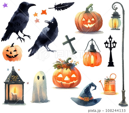 ハロウィンモチーフのセット、カボチャのランタンとカラスの水彩イラスト 108244133