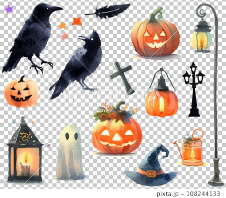 ハロウィンモチーフのセット、カボチャのランタンとカラスの水彩イラスト 108244133